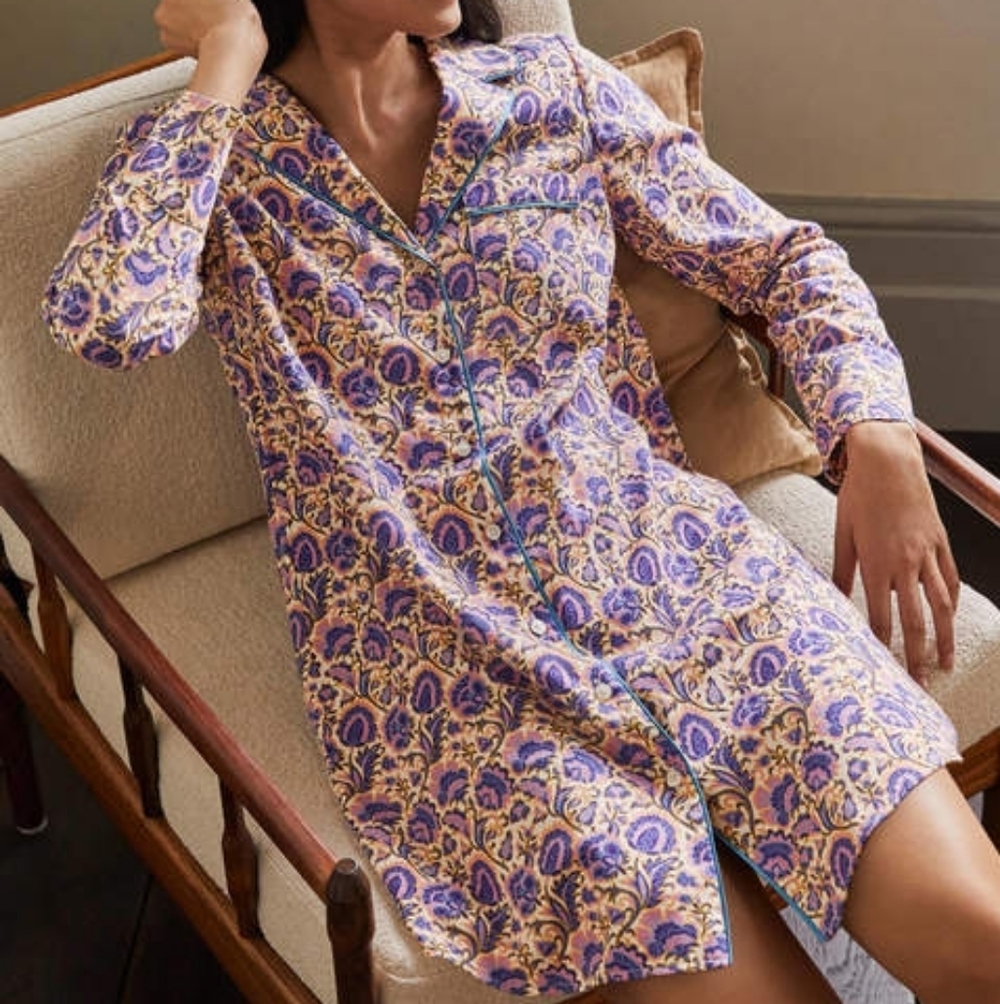 Boden Floral Janie Night Shirt Pajama Button Down Contrast Trim Flannel Purple 2